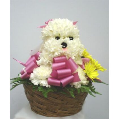 Cos cu un catelus din flori